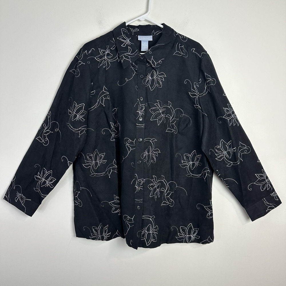 Liz‎ & Me Catherines Top Women 1X Black Floral Embroidered Button Up Long Sleeve